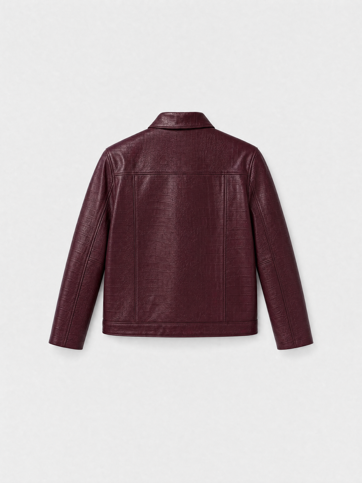 Veste-chemise Varenne en cuir d'agneau bordeaux effet croco, vue de dos
