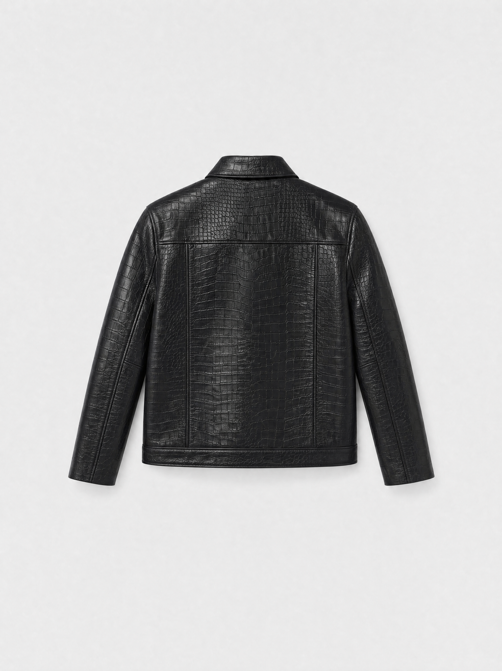 Men's black croc-effect lambskin leather overshirt, back view