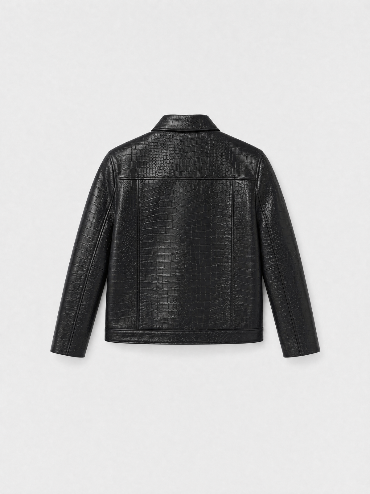 Veste-chemise Varenne en cuir d'agneau noir effet croco, vue de dos