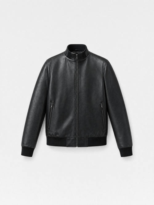 Men's smooth black lambskin leather bomber jacket, stand collar, front view