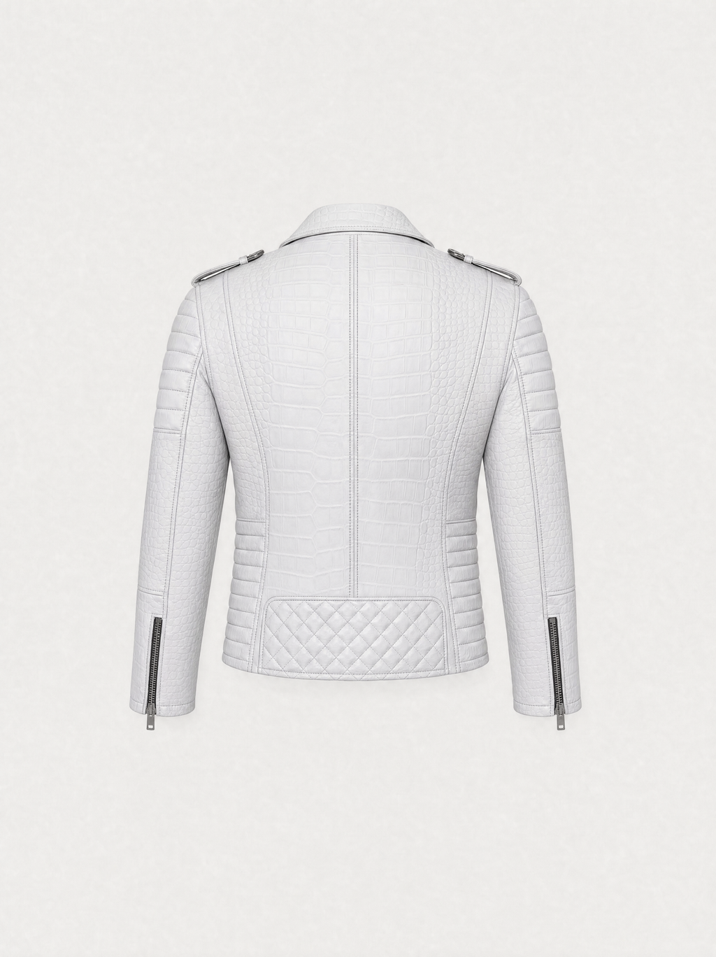 Men's white croc-effect lambskin biker jacket, back view