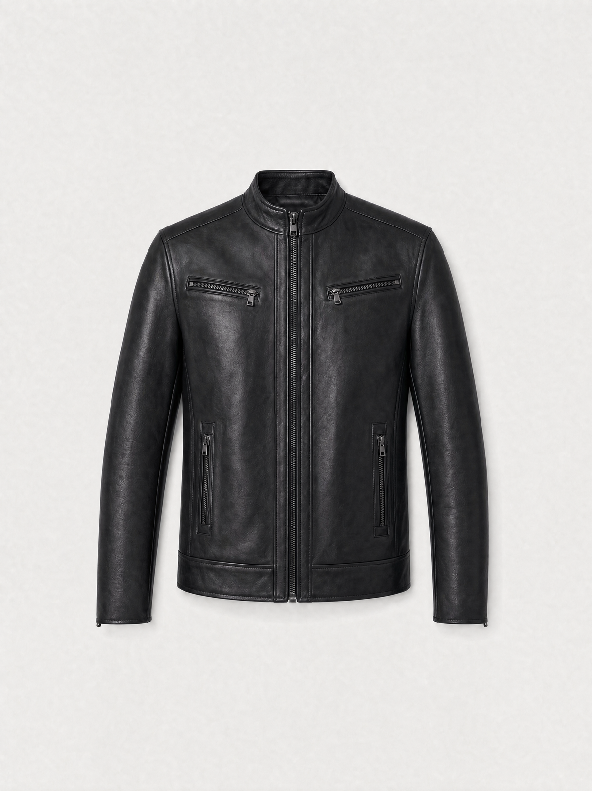 Blouson zippé Varenne en cuir d'agneau noir, vue de face