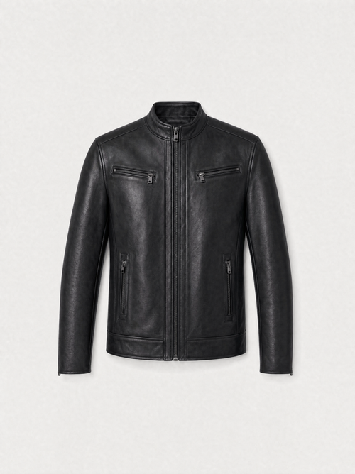 Blouson zippé Varenne en cuir d'agneau noir, vue de face
