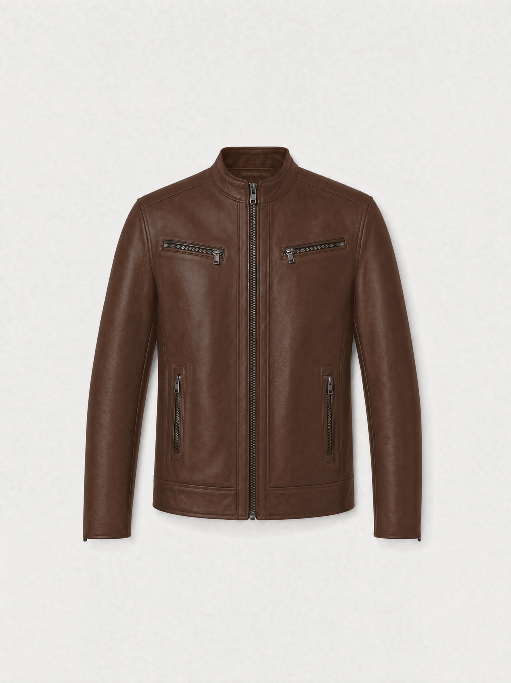 Men's tobacco brown lambskin leather zip jacket, front view