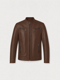 Men's tobacco brown lambskin leather zip jacket, front view