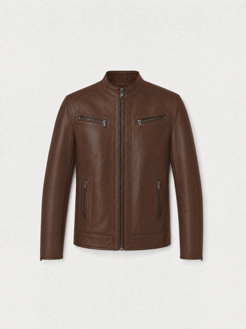 Blouson zippé Varenne en cuir d'agneau brun tabac, vue de face