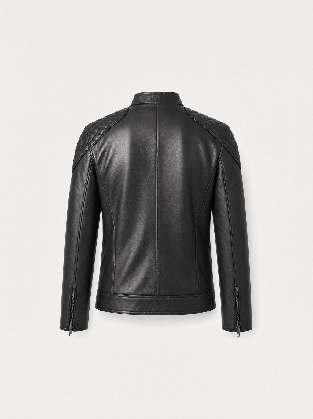 Men's black lambskin racer jacket with quilted shoulders, back view