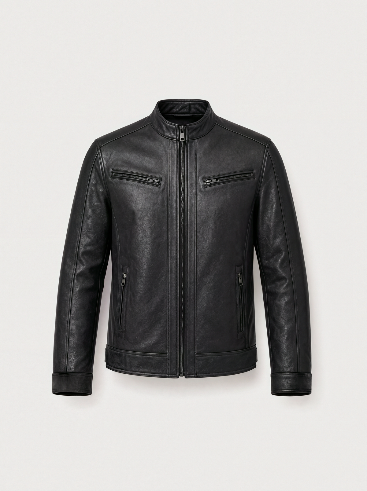 Café Racer Varenne en cuir d'agneau noir, vue de face
