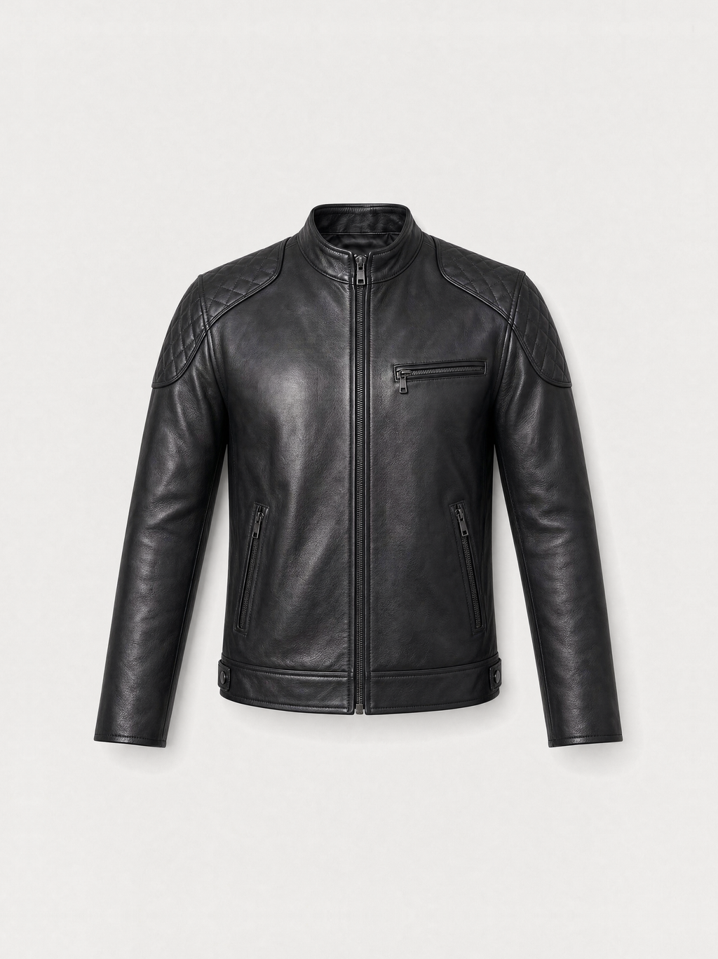 Men's black lambskin racer jacket with quilted shoulders, front view