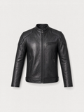 Men's black lambskin racer jacket with quilted shoulders, front view