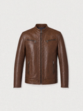 Blouson zippé Varenne en cuir d'agneau brun tabac, vue de face