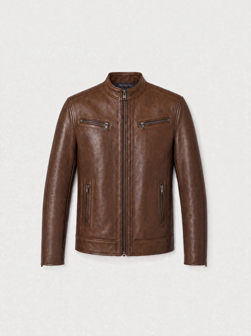 Blouson zippé Varenne en cuir d'agneau brun tabac, vue de face