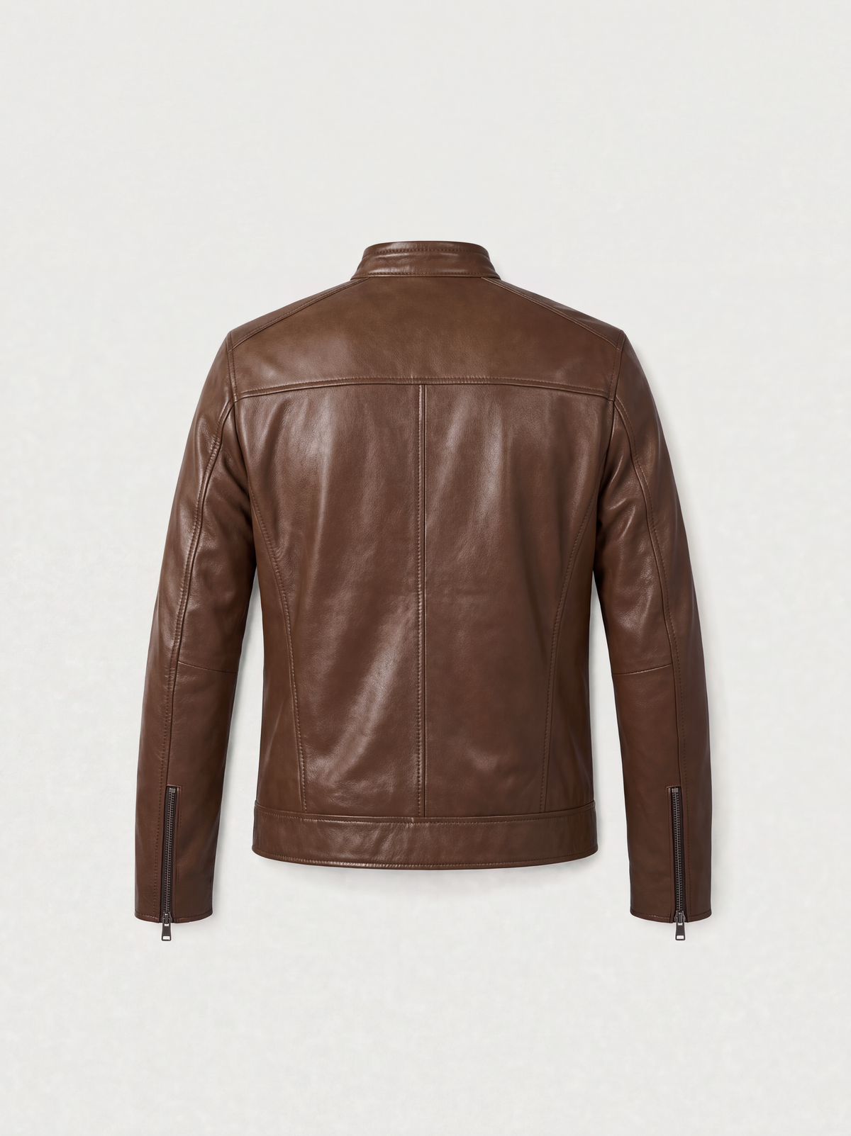Blouson zippé Varenne en cuir d'agneau brun tabac, vue de dos
