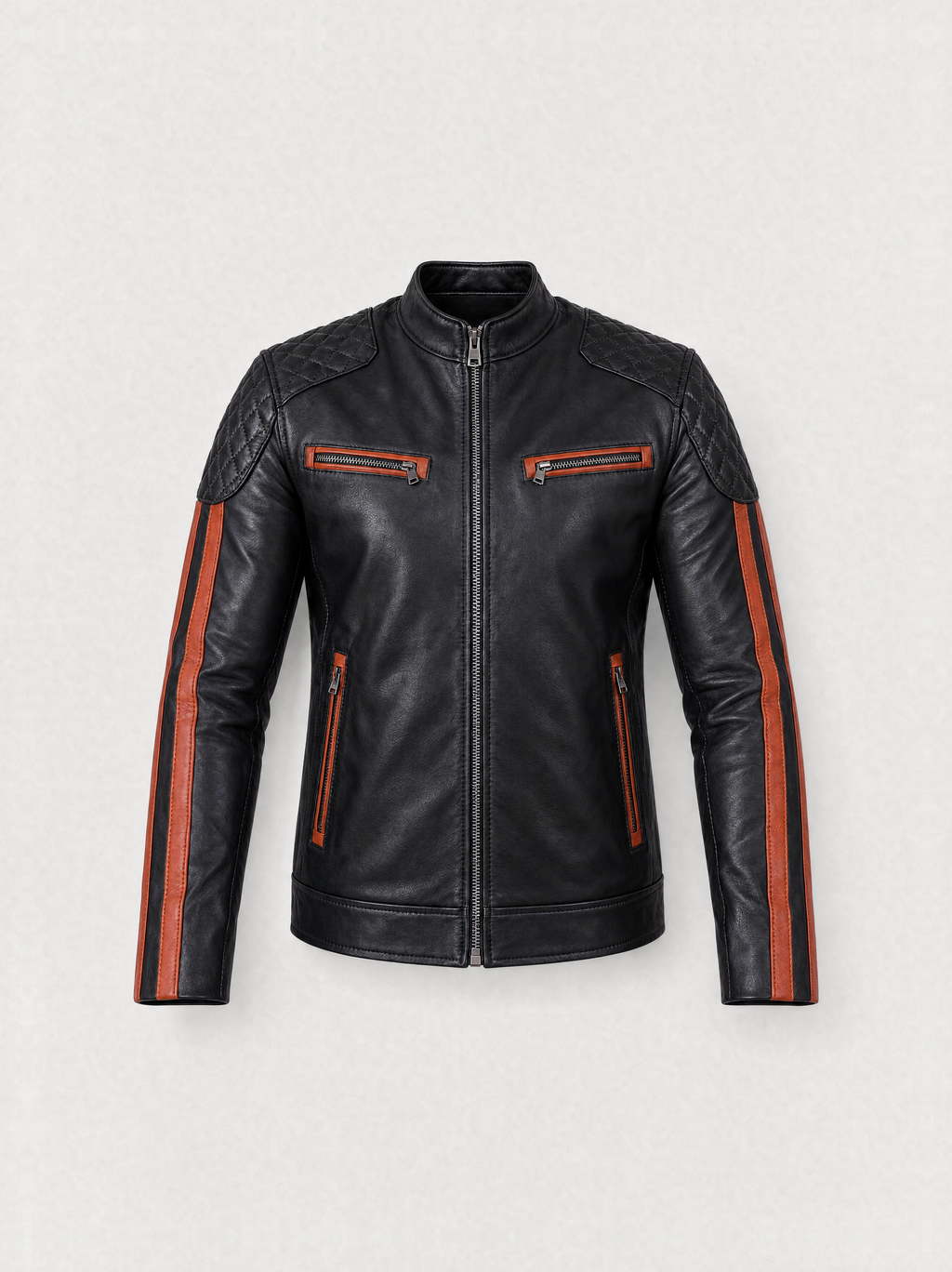Men's black and cognac striped lambskin racer jacket, front view