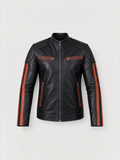 Men's black and cognac striped lambskin racer jacket, front view