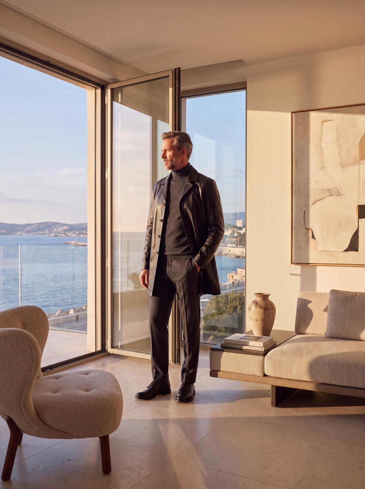 Manteau OSCAR Varenne en cuir d'agneau noir porté dans une villa de la Corniche Kennedy, à Marseille