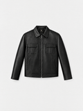 Men's smooth black lambskin leather overshirt, front view