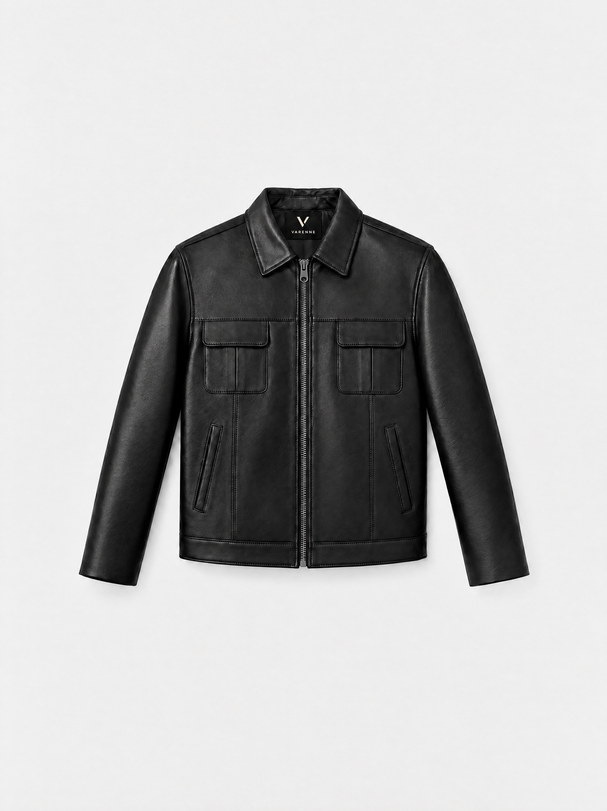 Veste-chemise Varenne en cuir d'agneau noir lisse, vue de face