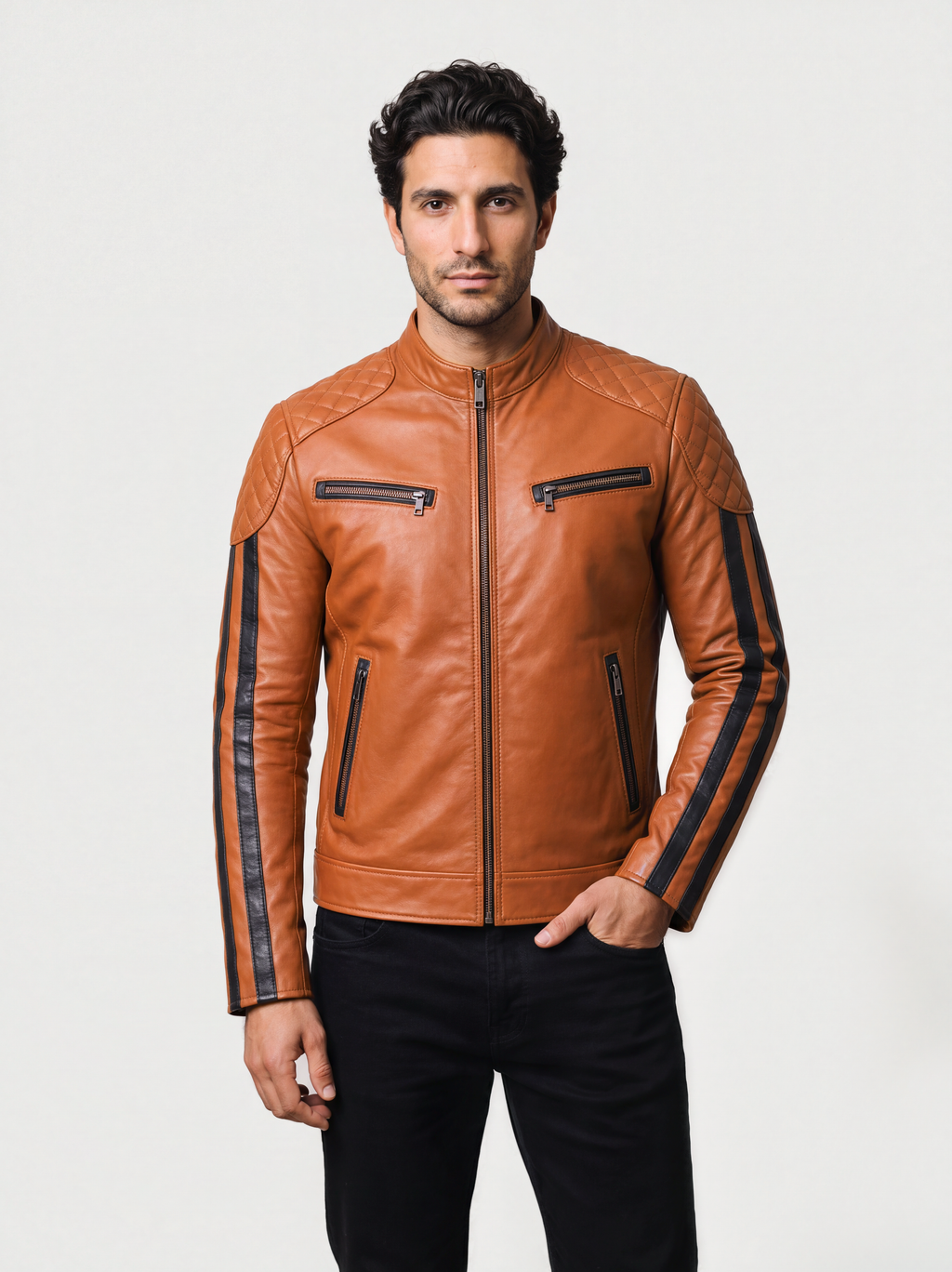 Men's cognac striped lambskin racer jacket, worn, front view