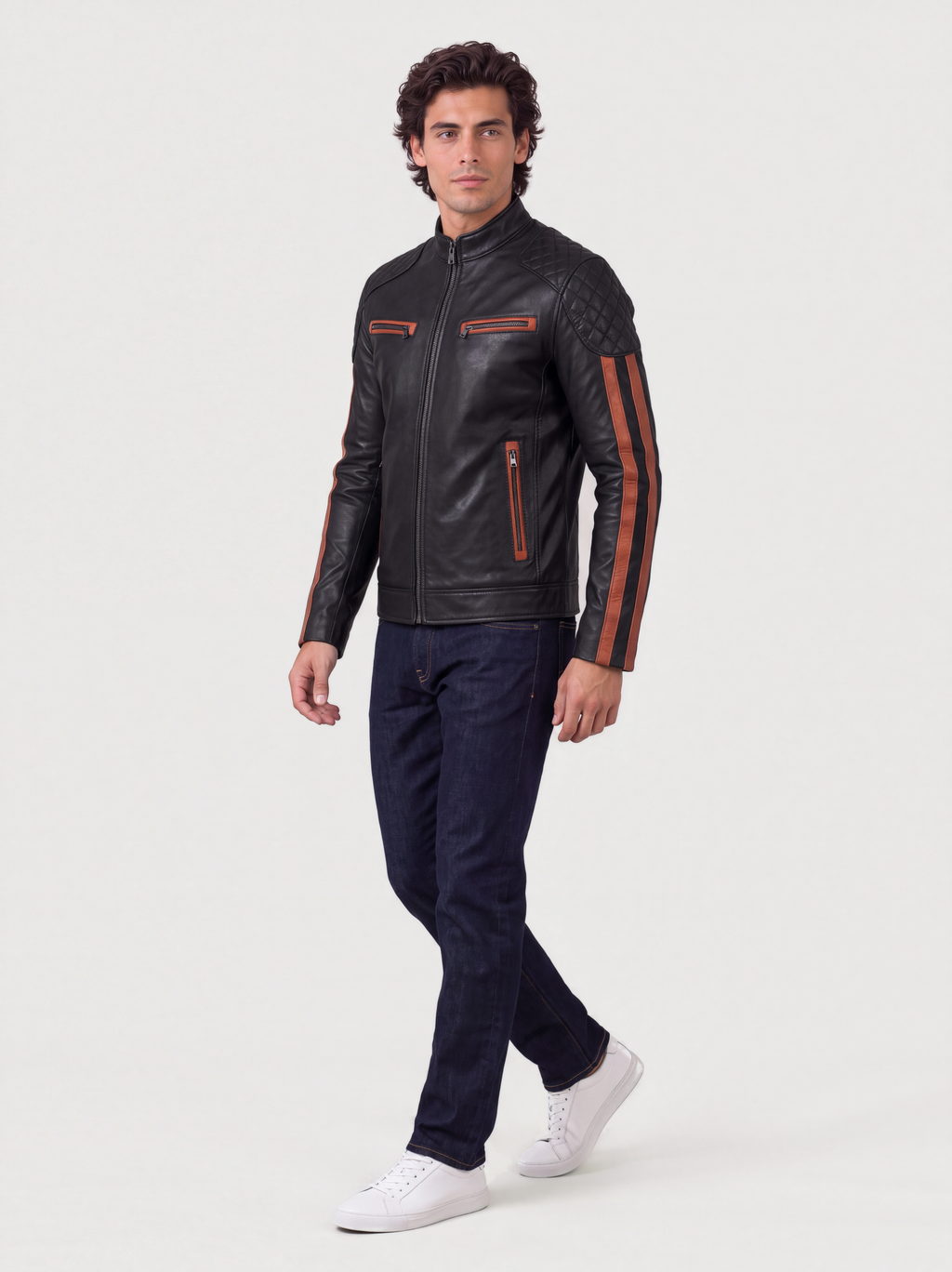 Men's black and cognac striped lambskin racer jacket, worn, three-quarter view