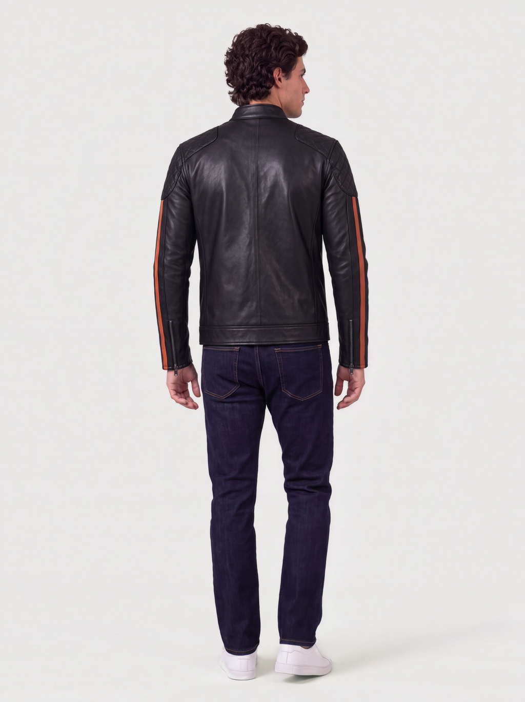 Men's black and cognac striped lambskin racer jacket, worn, back view