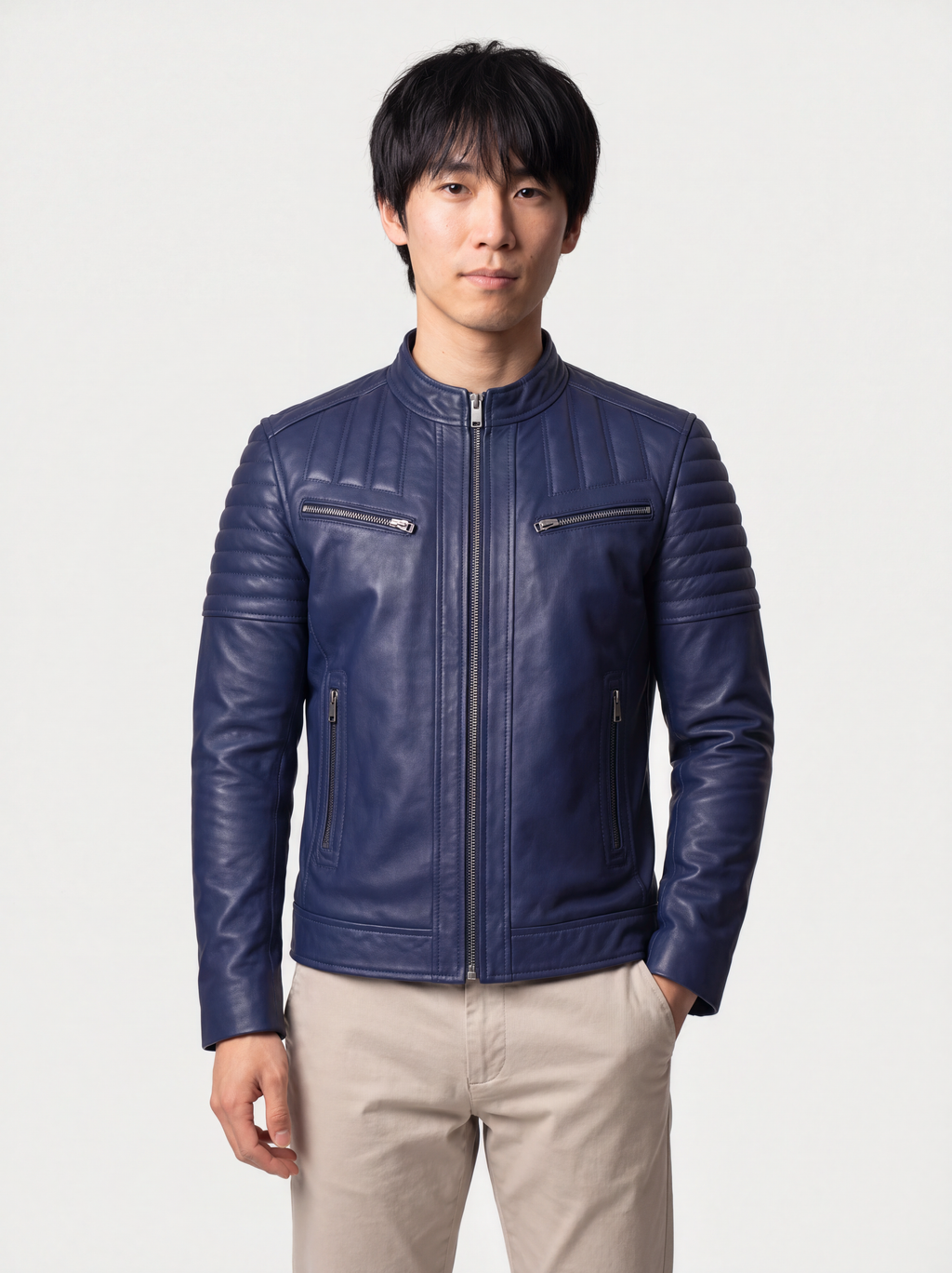 Men's navy quilted lambskin racer jacket, worn, front view
