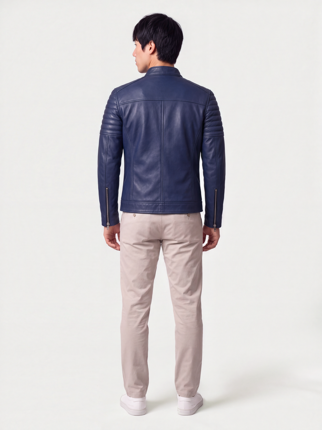 Men's navy quilted lambskin racer jacket, worn, back view