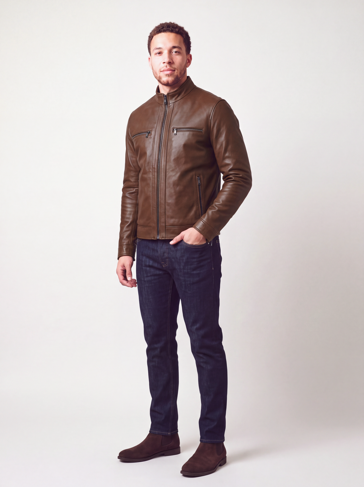 Zip Jacket in Lambskin — Tobacco Brown