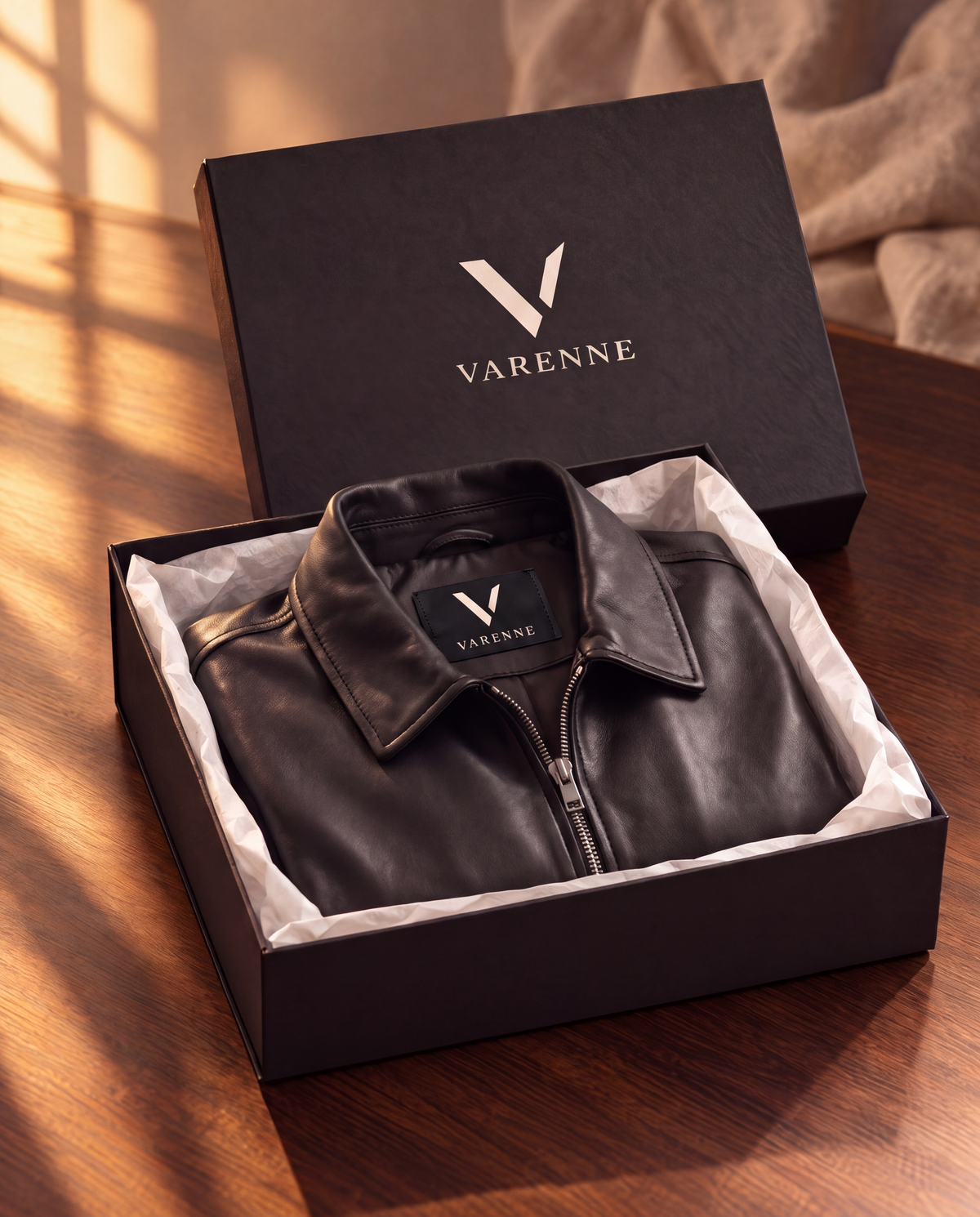 Coffret Varenne ouvert : veste-chemise en cuir noir dans du papier de soie, étiquette tissée Varenne au col