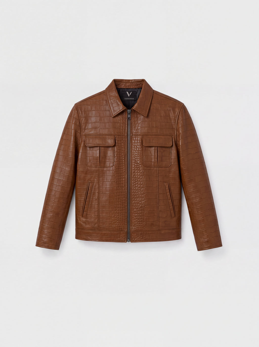 Veste-chemise Varenne en cuir d'agneau tabac effet croco, vue de face