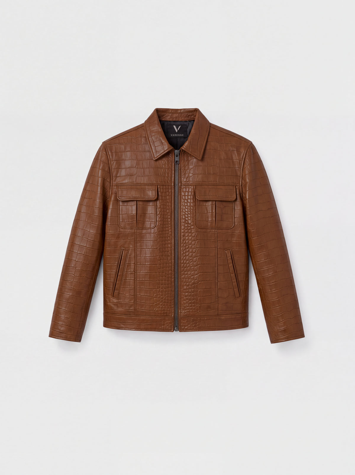 Veste-chemise Varenne en cuir d'agneau tabac effet croco, vue de face